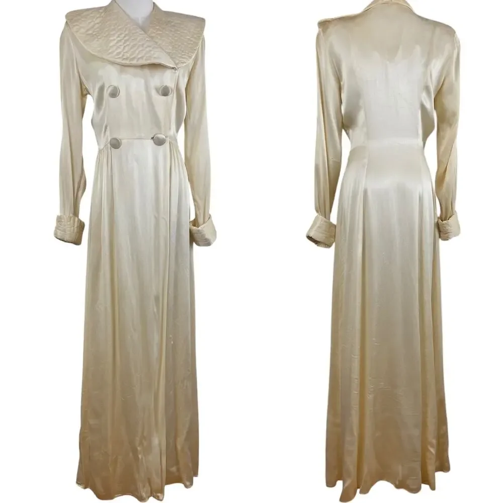 Vintage 30s 40s KAMORA Ivory Liquid Satin Maxi Dressing Gown Robe Women's Size S - Picture 1 of 15